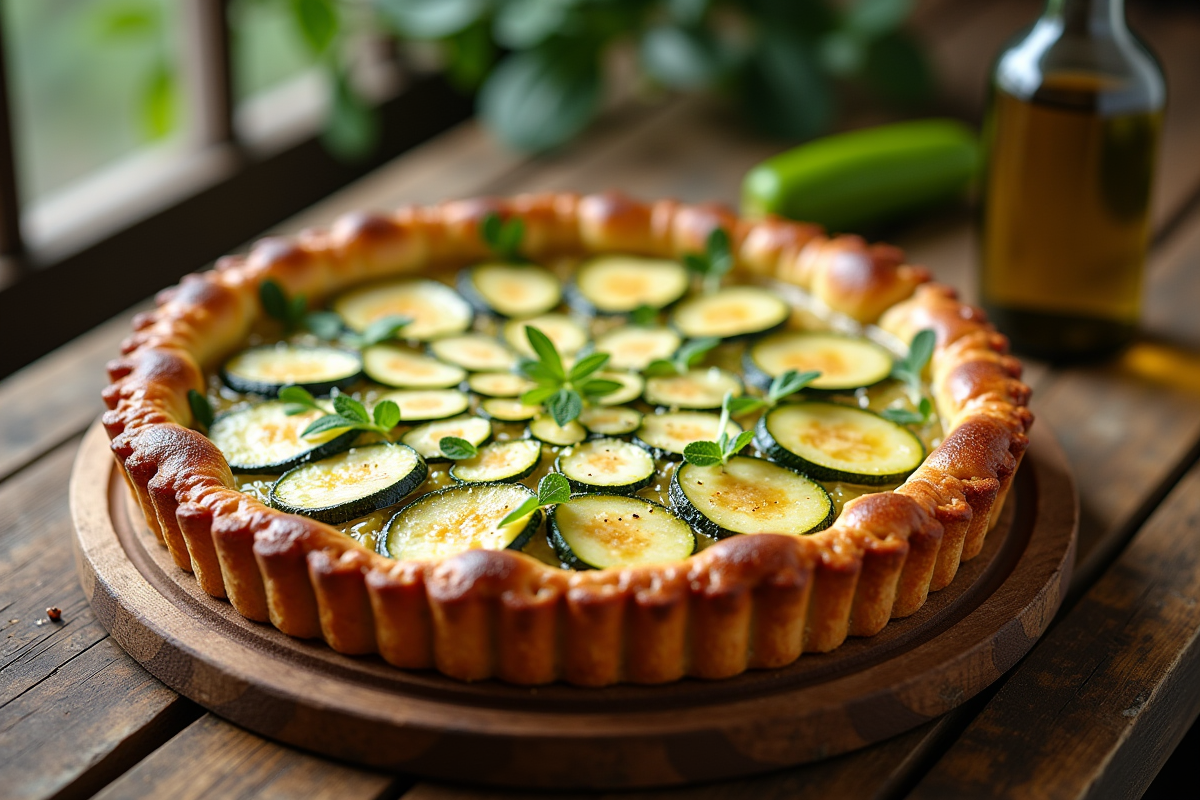 Tarte courgette et chèvre fraîche sur table en gros plan