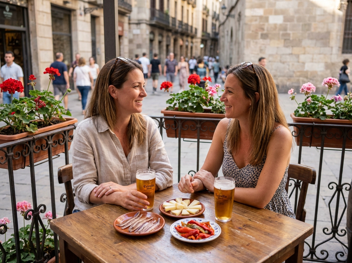 Deux femmes partageant des tapas et des bières en terrasse d'un bar à tapas en ville, ambiance conviviale et décontractée en été