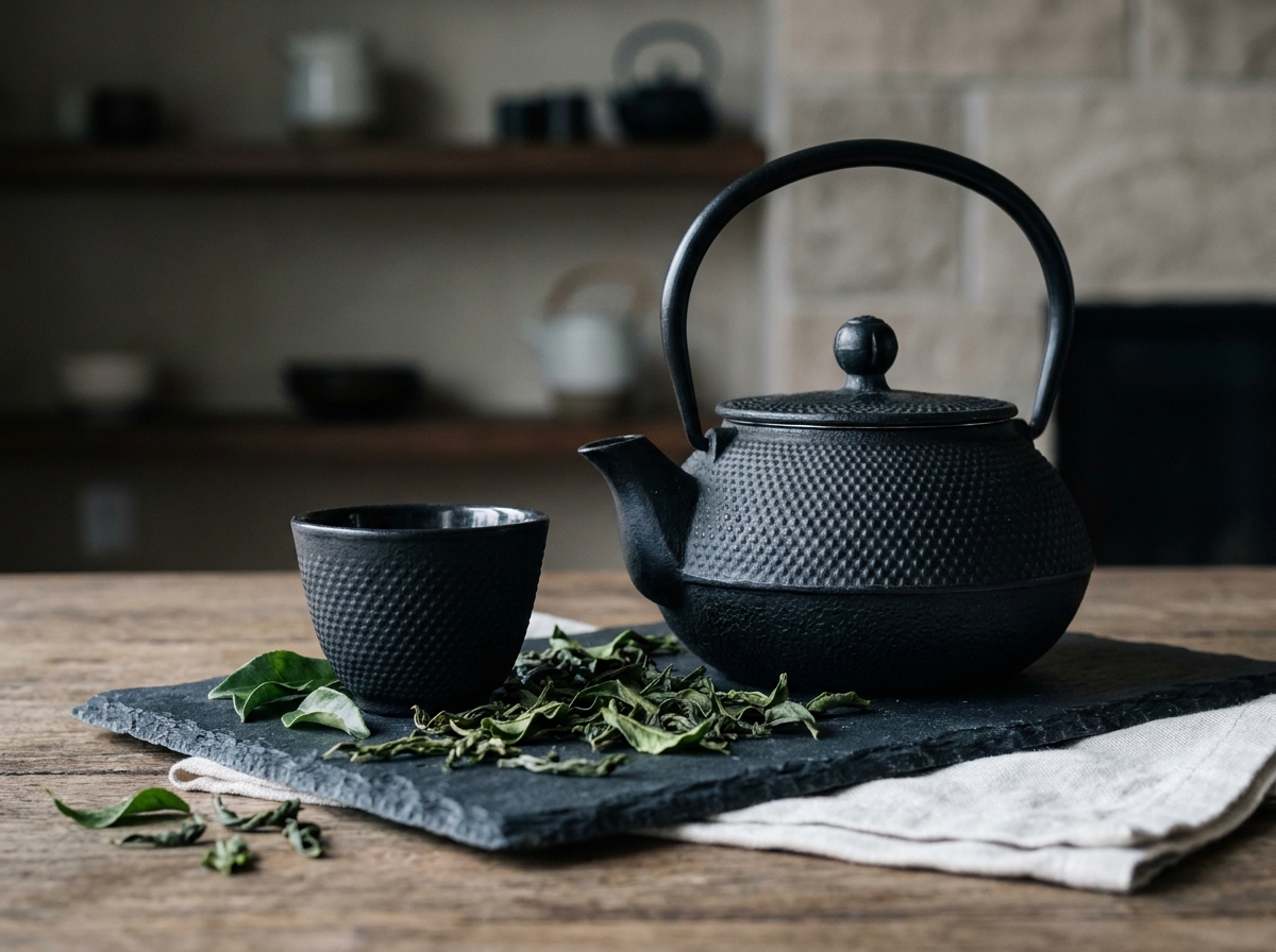 Théière en fonte japonaise tetsubin avec feuilles de thé vert sur plateau en ardoise