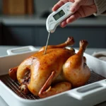 Thermomètre de cuisine inséré dans un poulet rôti entier pour vérifier la température de cuisson au four