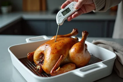 Thermomètre de cuisine inséré dans un poulet rôti entier pour vérifier la température de cuisson au four
