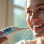 Thermomètre digital sous la langue d'un adulte souriant dans un intérieur lumineux