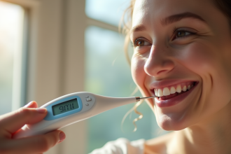 Thermomètre digital sous la langue d'un adulte souriant dans un intérieur lumineux