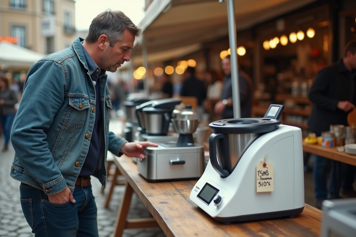 Homme inspectant un Thermomix d'occasion avec une étiquette de prix dans un marché aux puces