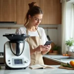 Femme comparant le prix d'un Thermomix neuf sur son smartphone dans une cuisine moderne