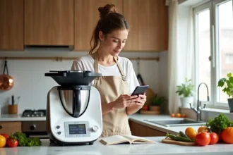 Femme comparant le prix d'un Thermomix neuf sur son smartphone dans une cuisine moderne