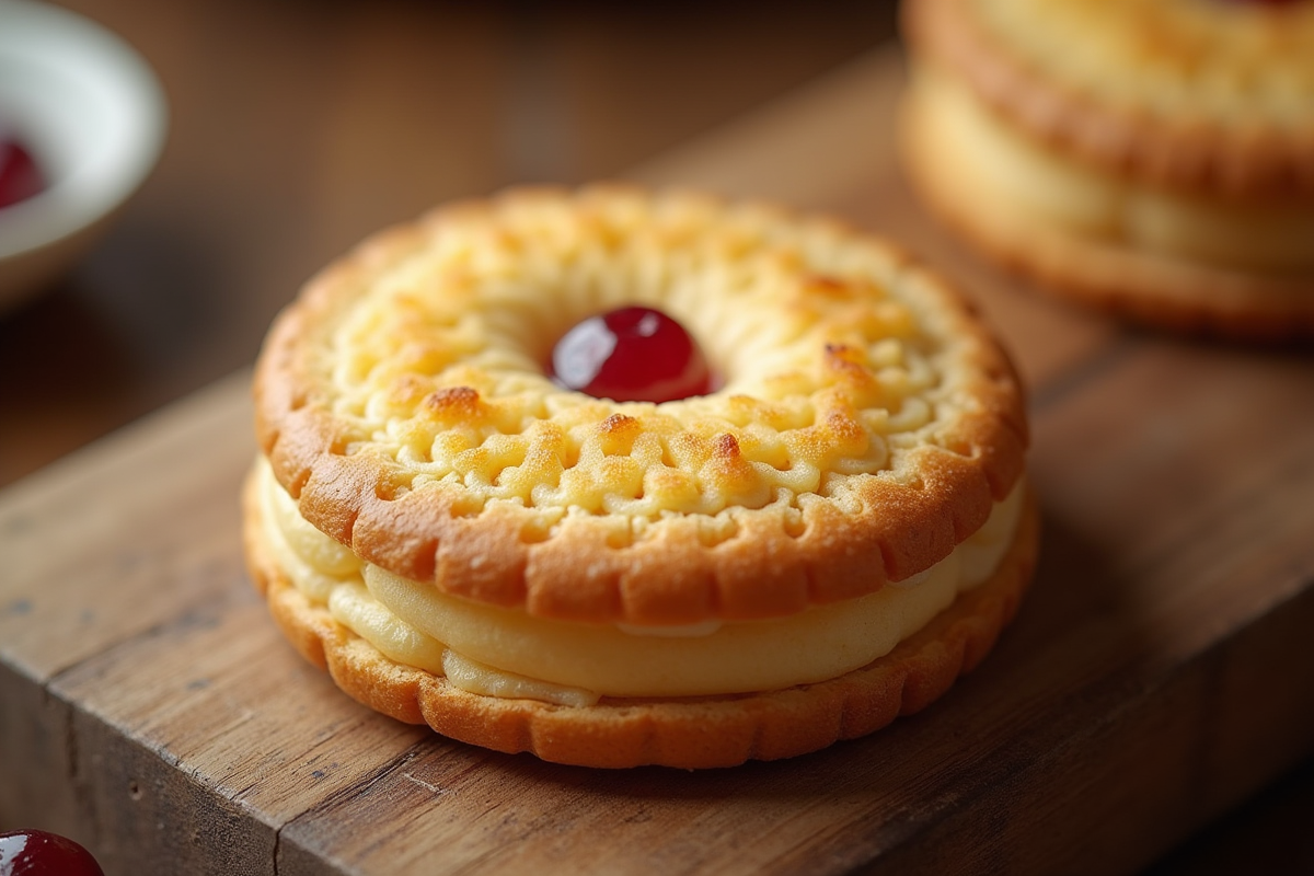Tranche de dessert joconde sur table rustique en gros plan