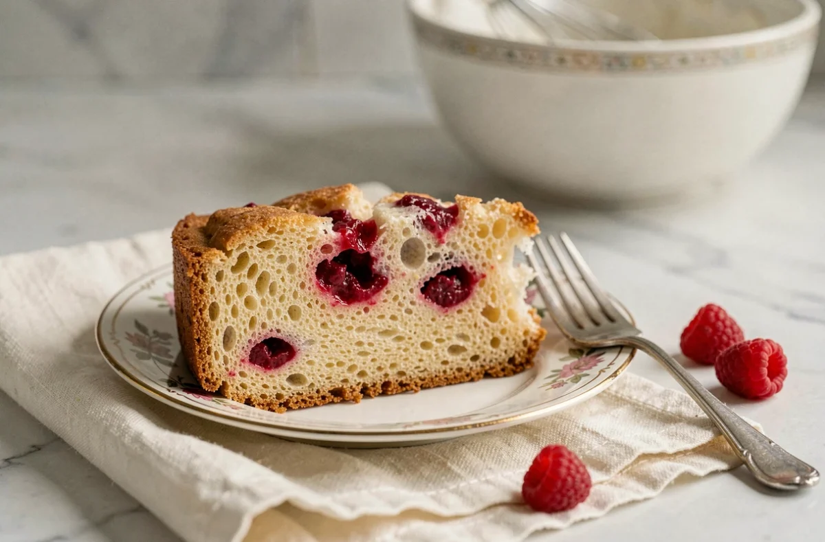Tranche de gâteau à la framboise sur assiette en porcelaine révélant la mie moelleuse avec des framboises intégrées sans couler