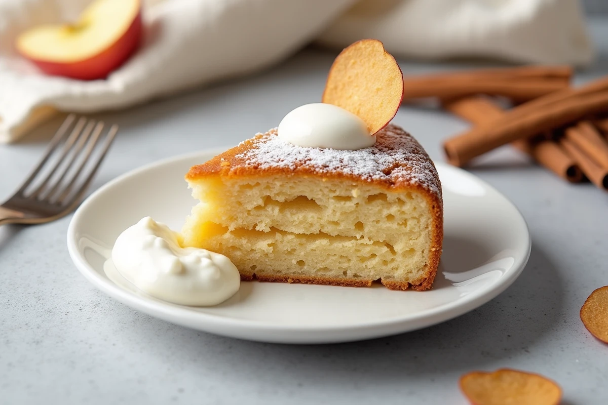 Tranche de gâteau moelleux à la compote de pomme sans beurre sur assiette blanche avec yaourt grec et chip de pomme