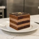 Tranche de gâteau opéra avec couches visibles de biscuit joconde, crème au beurre café et ganache chocolat sur assiette blanche