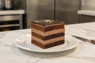 Tranche de gâteau opéra avec couches visibles de biscuit joconde, crème au beurre café et ganache chocolat sur assiette blanche