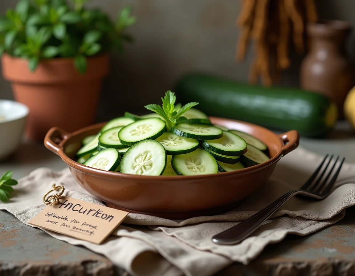 Bol en céramique avec des tranches de concombre et des rubans de courgette sur un comptoir en pierre rustique, illustration santé et nutrition