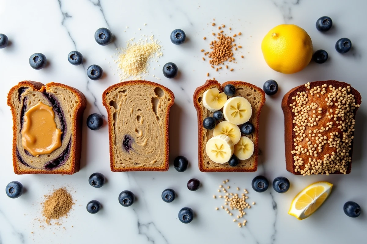 Quatre variantes de pain aux bananes en vue de dessus sur marbre avec garnitures et fiches recettes