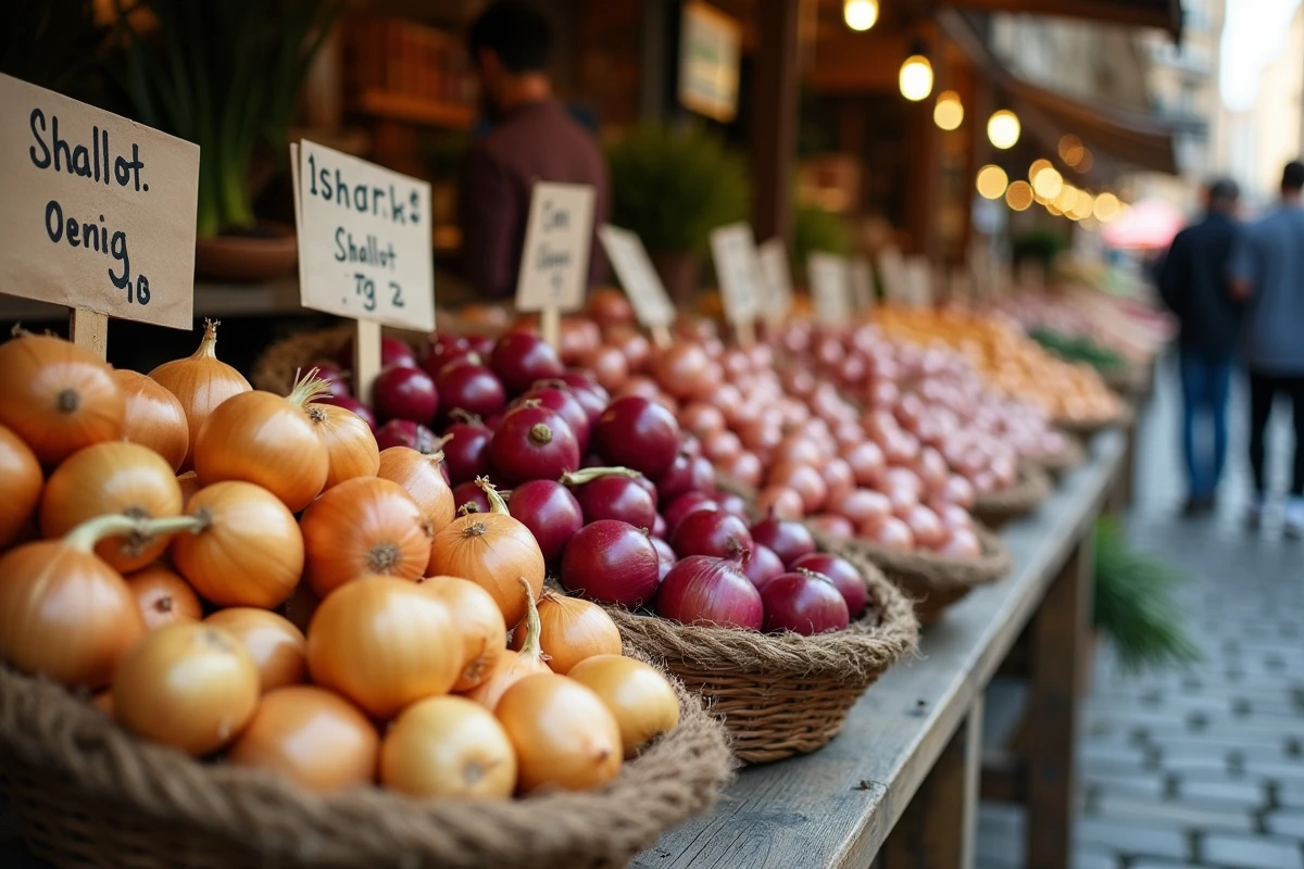 Étal de marché avec différentes variétés d'oignons en grammes dans des paniers en osier sur bois rustique