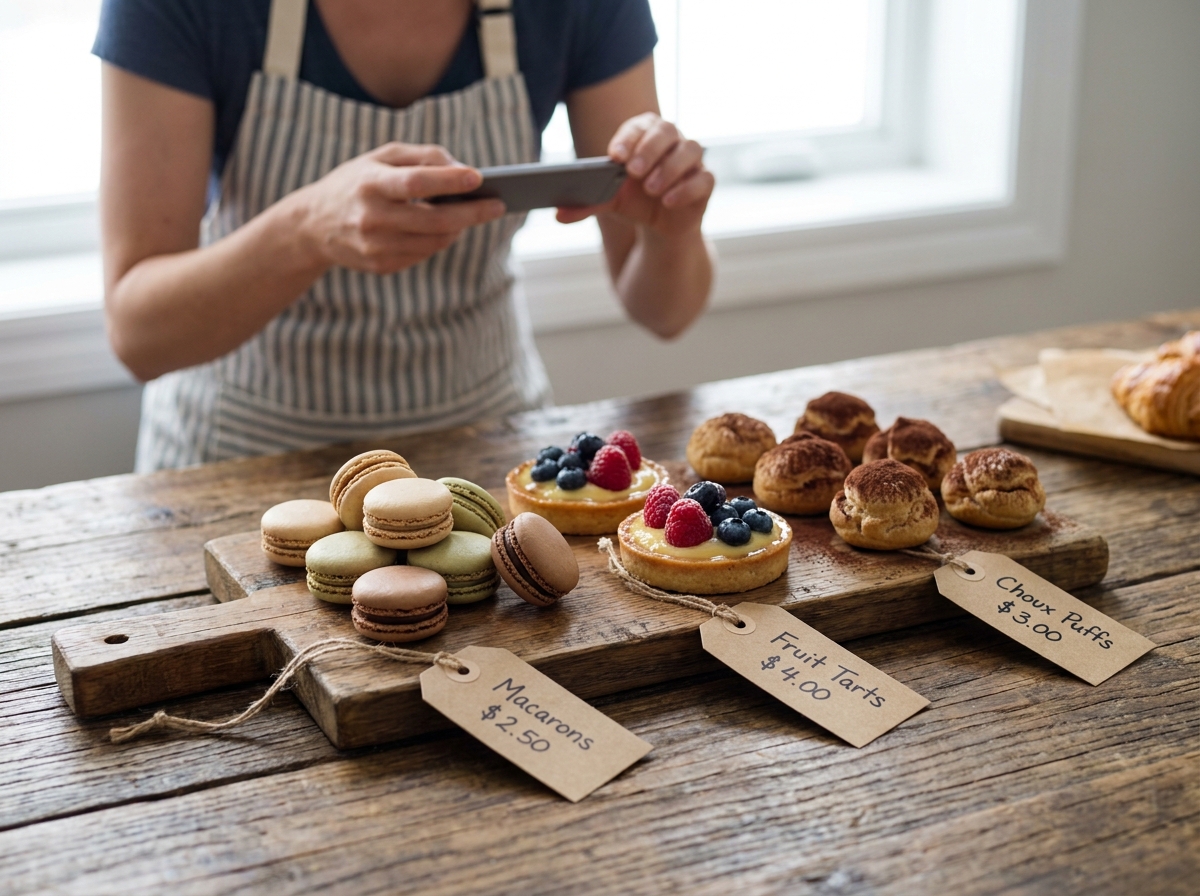 Assortiment de pâtisseries maison présentées sur une planche en bois avec des étiquettes de prix, évoquant une activité artisanale à domicile