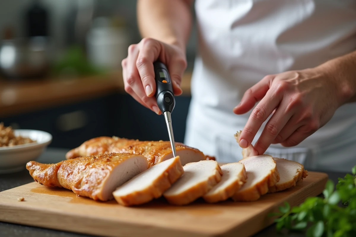 Cuisinier vérifiant la température interne de tranches de blanc de poulet avec un thermomètre à sonde précis