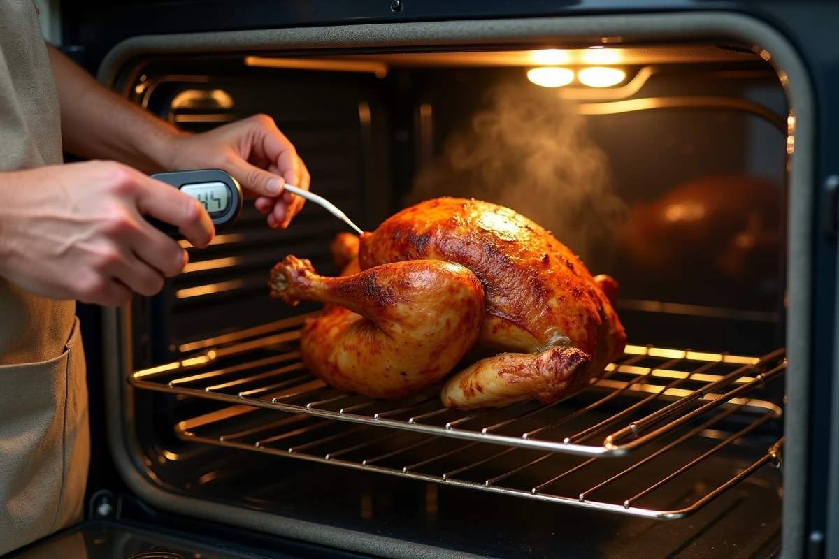 Cuisinier vérifiant la température interne d'un poulet rôti avec un thermomètre sonde dans un four domestique