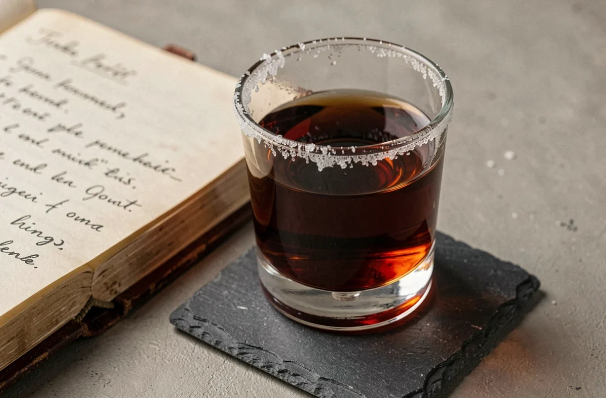 Verre de Jägermeister froid avec reflets ambrés et notes de dégustation dans un carnet vintage