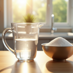 Verre mesureur d'eau sur plan de cuisine lumineux
