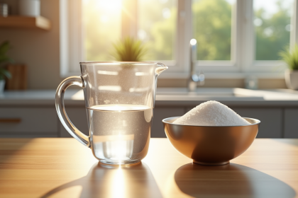 Verre mesureur d'eau sur plan de cuisine lumineux