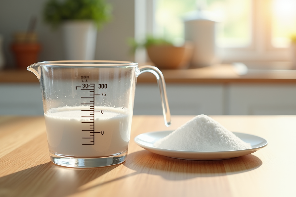 Verre mesureur rempli à 300 ml sur plan de travail lumineux