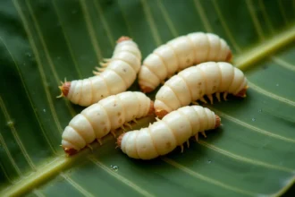 Vers de coco crus disposés sur une feuille de bananier tropicale, vue de dessus en macro