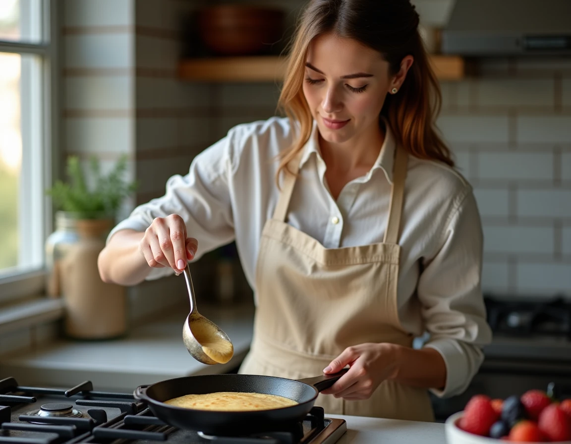 Femme versant de la pâte à crêpes complète dans une poêle en fonte sur une cuisinière à gaz dans une cuisine moderne