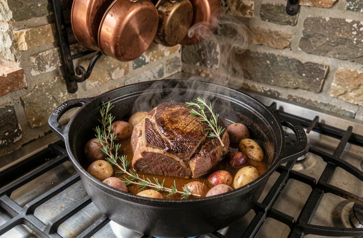 Ragoût de bœuf braisé mijotant dans une cocotte en fonte avec légumes et herbes aromatiques