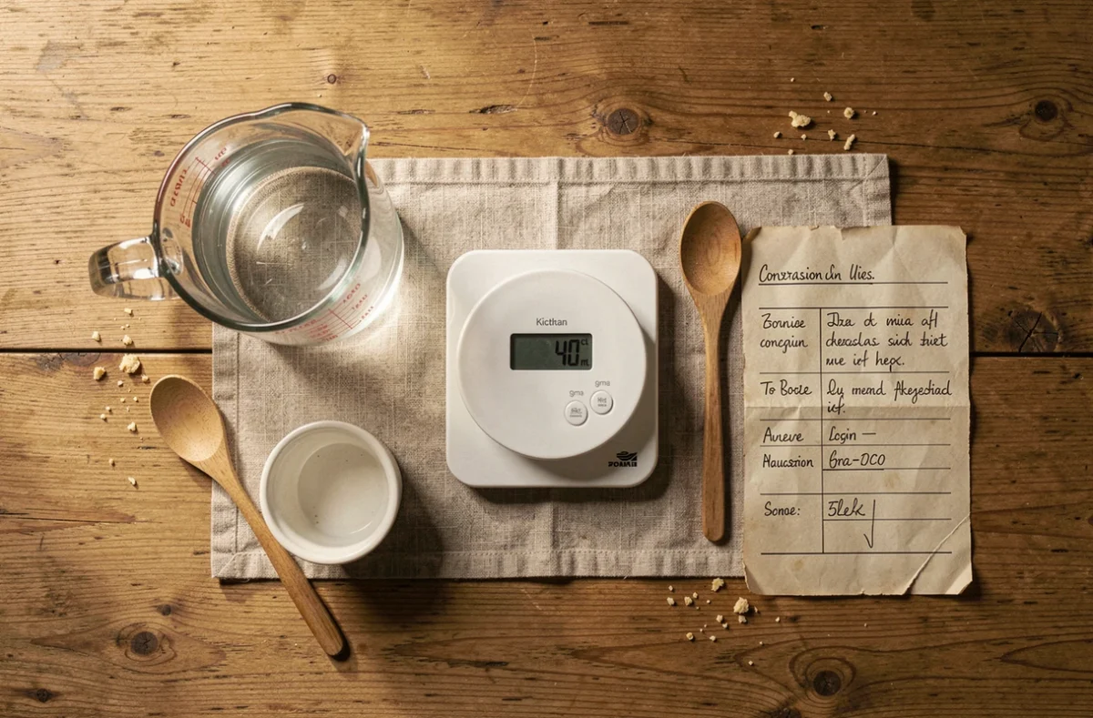 Vue de dessus d'une tasse graduée à 40cl, d'une balance numérique et d'un tableau de conversion manuscrit sur une table en bois