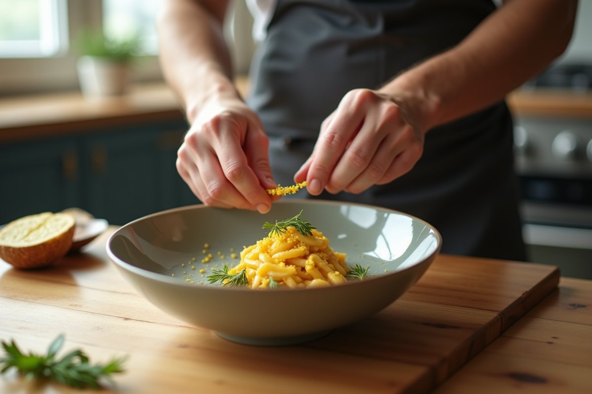 Chef zesteant du sudachi sur une assiette moderne dans une cuisine lumineuse